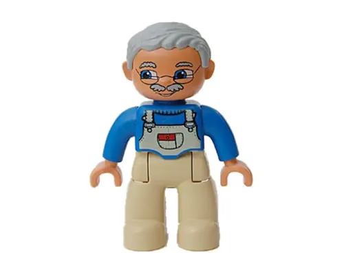 Duplo Figure Lego Ville, Male, Tan Legs, Blue Top with White Overalls Bib, Light Bluish Gray Hair (4213808) Image