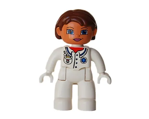 Duplo Figure Lego Ville, Female Medic, White Legs, White Top with Pocket and EMT Star of Life Pattern, Reddish Brown Hair, Blue Eyes, White Hands Image