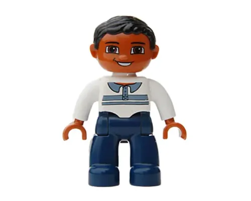 Duplo Figure Lego Ville, Male, Dark Blue Legs, White Top with Buttons and Stripes, Black Hair, Brown Eyes Image