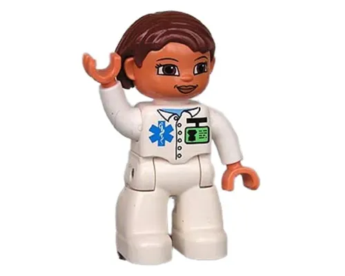 Duplo Figure Lego Ville, Female Medic, White Legs, White Top with ID Badge and EMT Star of Life Pattern, Reddish Brown Hair, Brown Eyes Image