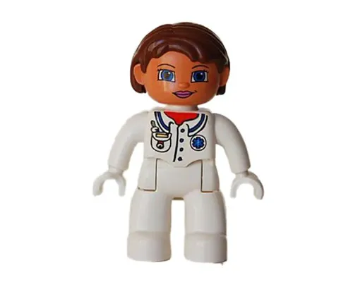 Duplo Figure Lego Ville, Female Medic, White Legs, White Top with Pocket and EMT Star of Life Pattern, Reddish Brown Hair, Blue Eyes Image