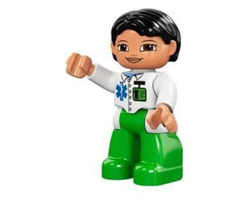 Duplo Figure Lego Ville, Female Medic, Bright Green Legs, White Top with ID Badge and EMT Star of Life Pattern, Black Hair, Brown Eyes Image