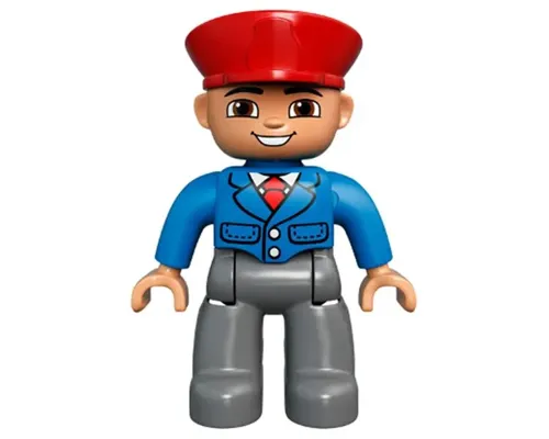 Duplo Figure Lego Ville, Male, Dark Bluish Gray Legs, Blue Jacket with Tie, Red Hat, Smile with Teeth (Train Conductor), Oval Eyes (6203758 / 6273392) Image