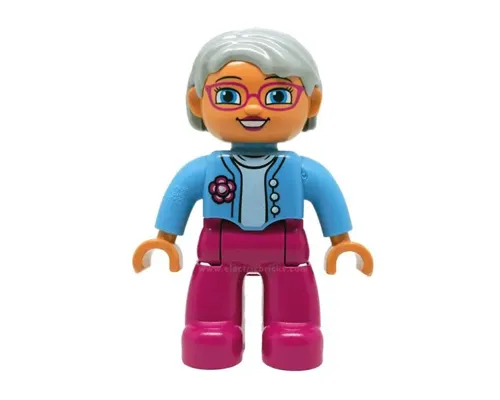 Duplo Figure Lego Ville, Female, Magenta Legs, Medium Blue Top with Flower, Light Bluish Gray Hair, Blue Eyes, Glasses Image