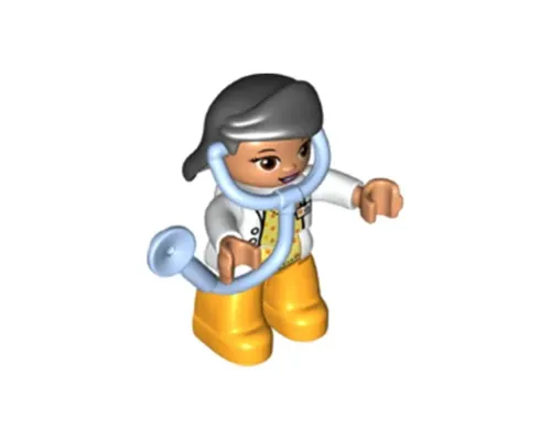 Duplo Figure Lego Ville, Female Medic, Bright Light Orange Legs, White Top with ID Badge, White Arms, Black Hair, Attached Stethoscope (6206123) Image