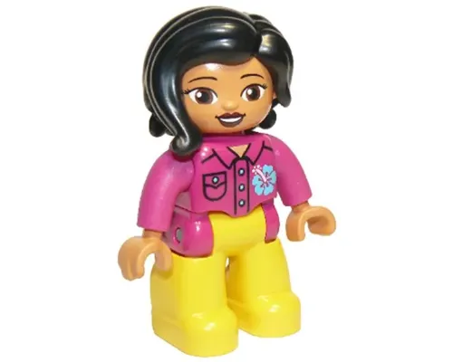 Duplo Figure Lego Ville, Female, Yellow Legs, Magenta Shirt  with Flower, Black Hair Image