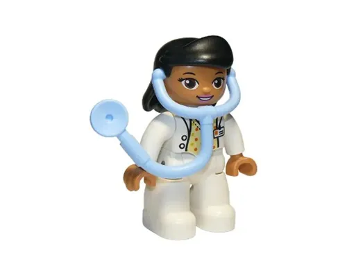 Duplo Figure Lego Ville, Female Medic, White Legs, White Top with ID Badge, White Arms, Black Hair, Attached Stethoscope (6295936) Image