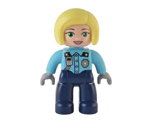 Duplo Figure Lego Ville, Female Police, Dark Blue Legs, Medium Azure Top with Silver Badge and Radio Pattern, Bright Light Yellow Hair (6374290) Image