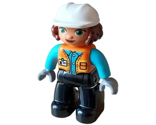 Duplo Figure Lego Ville, Female, Black Legs, Orange Vest with Name Tag and Pocket, Medium Azure Shirt, Light Bluish Gray Hands, White Construction Helmet (6427943) Image