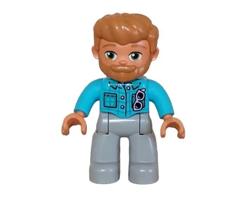 Duplo Figure Lego Ville, Male, Light Bluish Gray Legs, Medium Azure Jacket with Bright Pink Buttons and Glasses Pattern, Medium Nougat Hair and Beard (6465885) Image