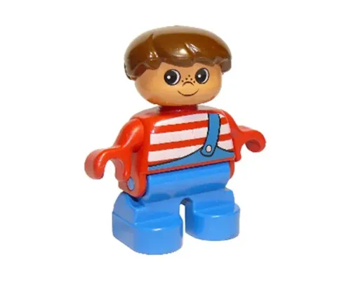 Duplo Figure, Child Type 2 Boy, Blue Legs, Red Top with White Stripes and Blue Overalls with One Strap (4114486) Image