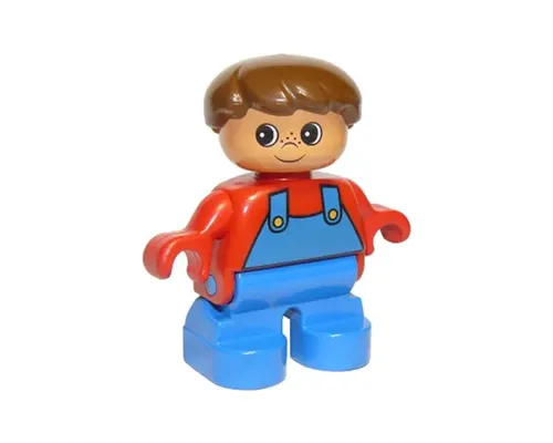 Duplo Figure, Child Type 2 Boy, Blue Legs, Red Top with Blue Overalls, Brown Hair Image