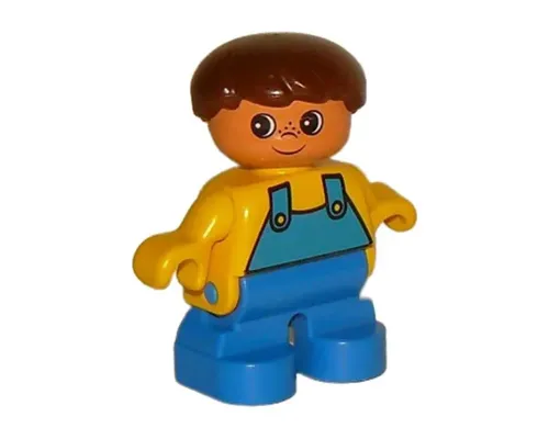 Duplo Figure - Male, Child Boy, Blue Legs, Yellow Top with Overalls Pattern, Brown Hair, Nougat Head (75487) Image