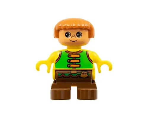 Duplo Figure, Child Type 2 Boy, Brown Legs, Bright Green Vest with Brown Straps and Belt with Sash (4171576) Image