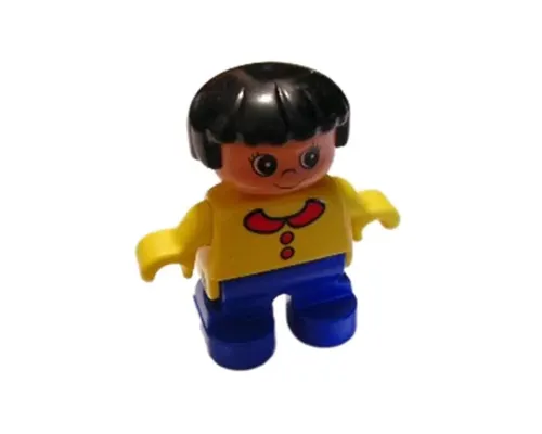 Duplo Figure, Child Type 2 Girl, Blue Legs, Yellow Top with Collar and 2 Buttons, Black Hair Image