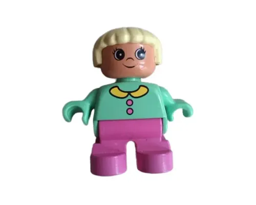 Duplo Figure - Female, Child Girl, Dark Pink Legs, Medium Green Top with Collar and Buttons Pattern, Light Yellow Hair, Nougat Head (75463) Image