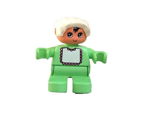 Duplo Figure - Female, Child Baby, Medium Green Legs, Medium Green Top with Bib Pattern, White Bonnet, Nougat Head (75479) Image