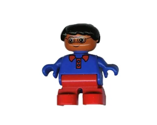 Duplo Figure - Male, Child Boy, Red Legs, Blue Top with Collar and Buttons Pattern, Black Hair, Dark Orange Head (75513) Image