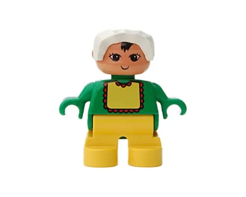 Duplo Figure - Female, Child Baby, Yellow Legs, Green Top with Bib Pattern, White Bonnet, Nougat Head (75502) Image