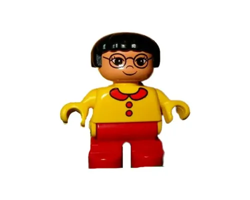 Duplo Figure - Male, Child Boy, Blue Legs, Yellow Top with Overalls Pattern, Black Hair, Brown Head (75507) Image