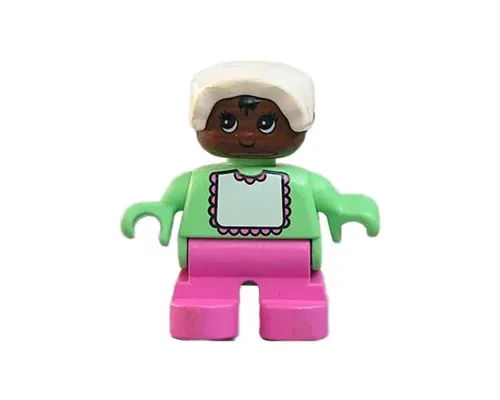Duplo Figure - Female, Child Baby, Dark Pink Legs, Medium Green Top with Bib Pattern, White Bonnet, Brown Head (75508) Image