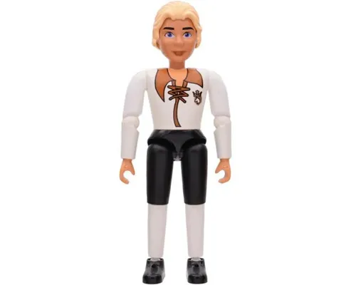 Belville Male, Adult Man (Prince Justin) - Black Shorts, White Top with Laces and Royal Crest Logo Pattern, Very Light Orange Hair, Black Shoes (4140036) Image