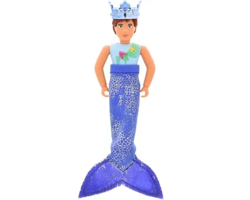 Belville Male, Adult Man (Merman) - Bright Light Blue Top with Net, Starfish / Sea Star, and Seashell Pattern, Reddish Brown Hair, Fish Tail, Crown Image