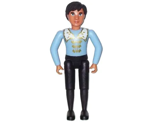 Belville Male, Adult Man (King) - Black Pants, Light Blue Top with White Fur and Gold Trim Pattern, Black Hair, Black Shoes, Cloak, Crown Image
