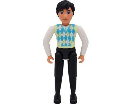 Belville Male, Adult Man  - Black Pants, Light Lime Top with Argyle Pattern, Black Hair, Black Shoes, Jeans Image