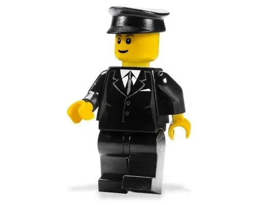 Suit Black, Black Police Hat, Brown Eyebrows, Thin Grin Image