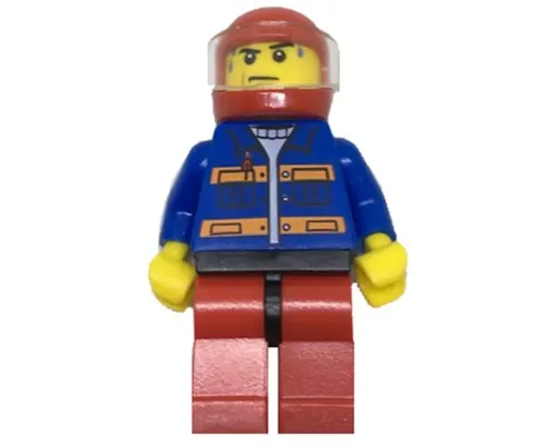 Blue Jacket with Pockets and Orange Stripes, Red Legs with Black Hips, Sweat Drops Image