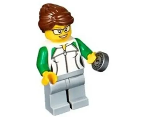 Newsstand Worker - Female, White and Green Sweatshirt with Zipper, Light Bluish Gray Legs, Reddish Brown Hair with Bun, Glasses Image