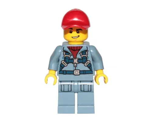 Ocean Mini-Submarine Pilot  - Male, Harness, Sand Blue Legs with Pockets, Red Cap, Lopsided Grin Image