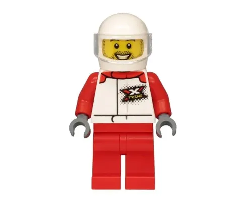 Helicopter Pilot - Male, White and Red Racing Suit with 'XTREME' Logo, Red Legs, White Helmet, Trans-Clear Visor, Stubble Image