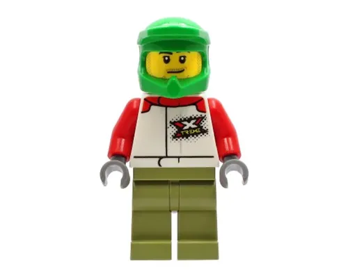 Wheelchair Athlete - Male, White and Red Racing Suit with 'XTREME' Logo, Olive Green Legs, Bright Green Dirt Bike Helmet, Stubble Image