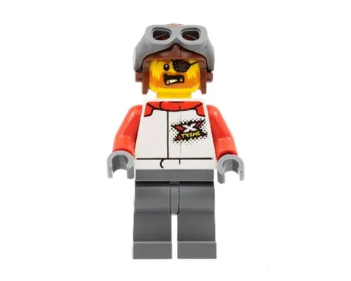 Stuntz Truck Driver - Male, White and Red Racing Suit with 'XTREME' Logo, Dark Bluish Gray Legs, Reddish Brown Aviator Cap, Dark Bluish Gray Goggles, Eye Patch, Beard Image