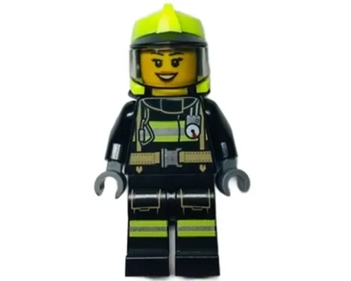 Fire - Female, Black Jacket and Legs with Reflective Stripes, Neon Yellow Fire Helmet, Trans-Brown Visor, Dark Orange Lips Image