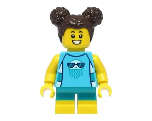 Child - Girl, Medium Azure Sleeveless Jellyfish Shirt, Dark Turquoise Short Legs, Dark Brown Hair with Buns Image