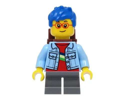 Child - Girl, Bright Light Blue Denim Jacket, Dark Bluish Gray Short Legs, Blue Messy Hair, Reddish Brown Backpack Image
