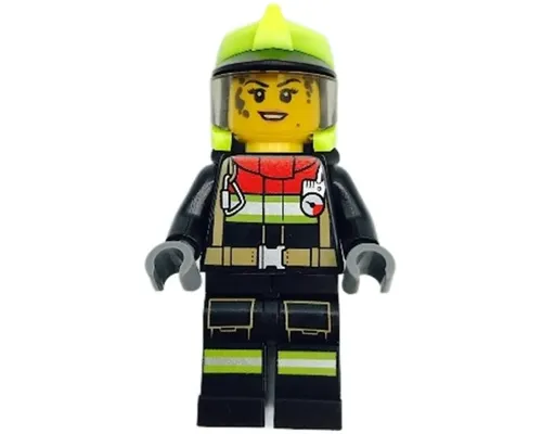 Fire - Female, Black Jacket and Legs with Reflective Stripes and Red Collar, Neon Yellow Fire Helmet, Trans-Brown Visor, Splotches Image