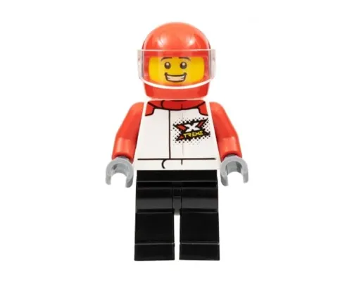 Motorcycle Driver - Male, White and Red Racing Suit with 'XTREME' Logo, Black Legs, Red Helmet, Trans-Clear Visor Image