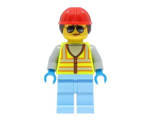 Space Engineer - Female, Neon Yellow Safety Vest with Reflective Stripes, Bright Light Blue Legs, Red Construction Helmet with Dark Brown Ponytail Hair, Sunglasses Image