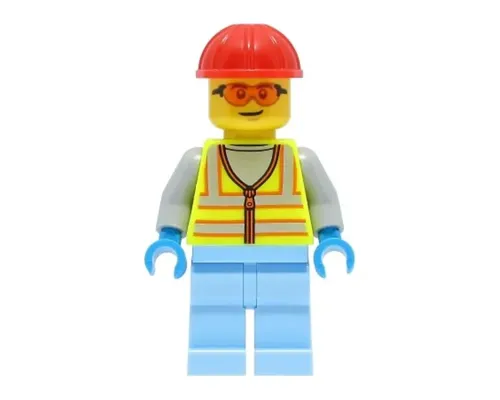 Space Engineer - Male, Neon Yellow Safety Vest with Reflective Stripes, Bright Light Blue Legs, Red Construction Helmet, Safety Glasses Image