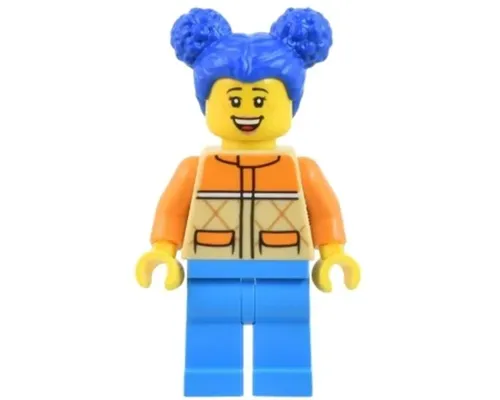 Woman - Tan and Orange Quilted Vest, Dark Azure Legs, Blue Hair with Buns, Freckles Image