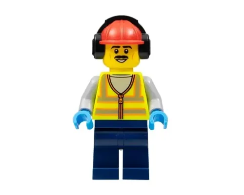 Stuntz Crew - Male, Neon Yellow Safety Vest with Reflective Stripes, Dark Blue Legs, Red Construction Helmet with Black Ear Protectors / Headphones Image