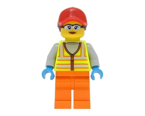 Reach Stacker Driver - Female, Neon Yellow Safety Vest with Reflective Stripes, Orange Legs, Red Ball Cap with Reddish Brown Ponytail Image
