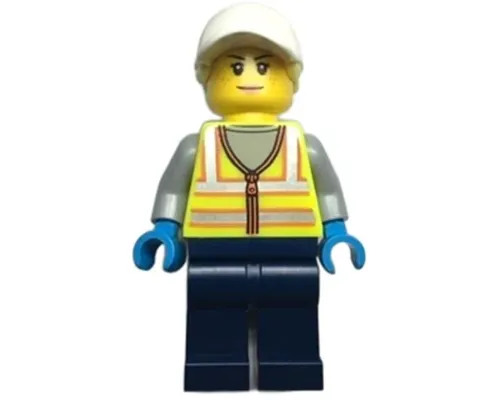 Forklift Driver - Female, Neon Yellow Safety Vest with Reflective Stripes, Dark Blue Legs, White Cap with Bright Light Yellow Ponytail Hair Image