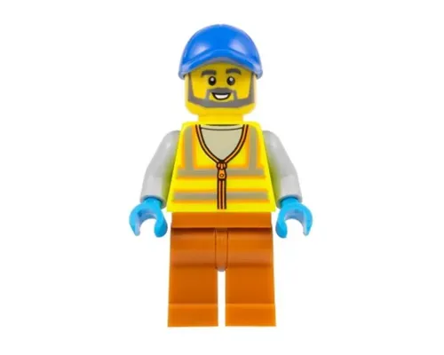 Recycling Worker - Male, Neon Yellow Safety Vest with Reflective Stripes, Dark Orange Legs, Blue Cap Image