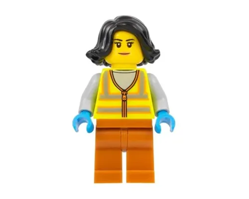 Recycling Worker - Female, Neon Yellow Safety Vest with Reflective Stripes, Dark Orange Legs, Black Hair Image