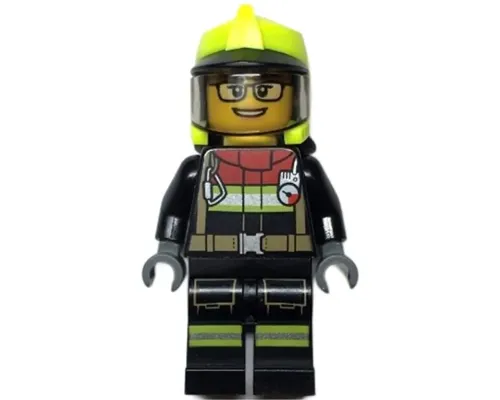 Fire - Female, Black Jacket and Legs with Reflective Stripes and Red Collar, Neon Yellow Fire Helmet, Trans-Brown Visor, Glasses Image